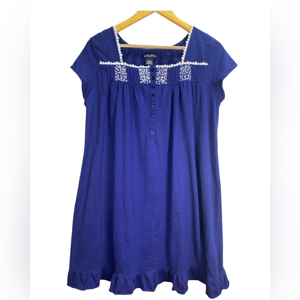 Earth Angels Nightgown Small Navy Blue‎ Embroidered Button Front Short Sleeve